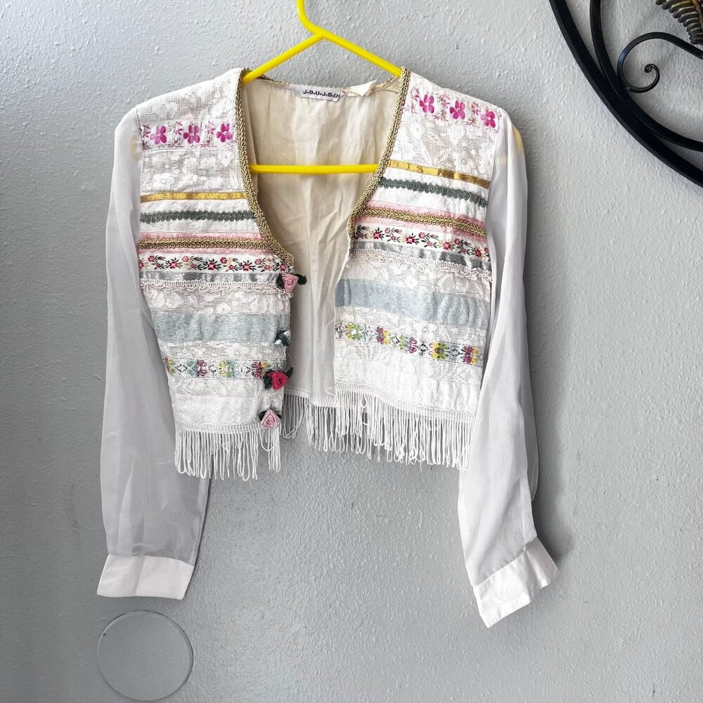 joujou Y2K Bohemian ‎ Sheer Sleeve Embroidered Fringe Cropped Jacket S READ